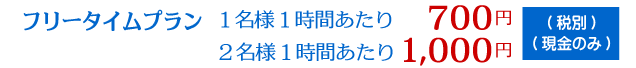 フリータイムプラン 1名様1時間あたり700円 2名様1時間あたり1,300円(税込・現金のみ)