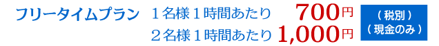 フリータイムプラン １名様１時間あたり700円　2名様１時間あたり1,300円（税込・現金のみ）